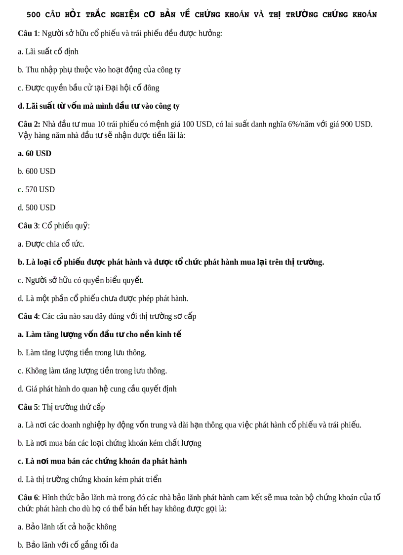 500 câu trăc nghiêm chứng khoán cho các ban học kinh tế