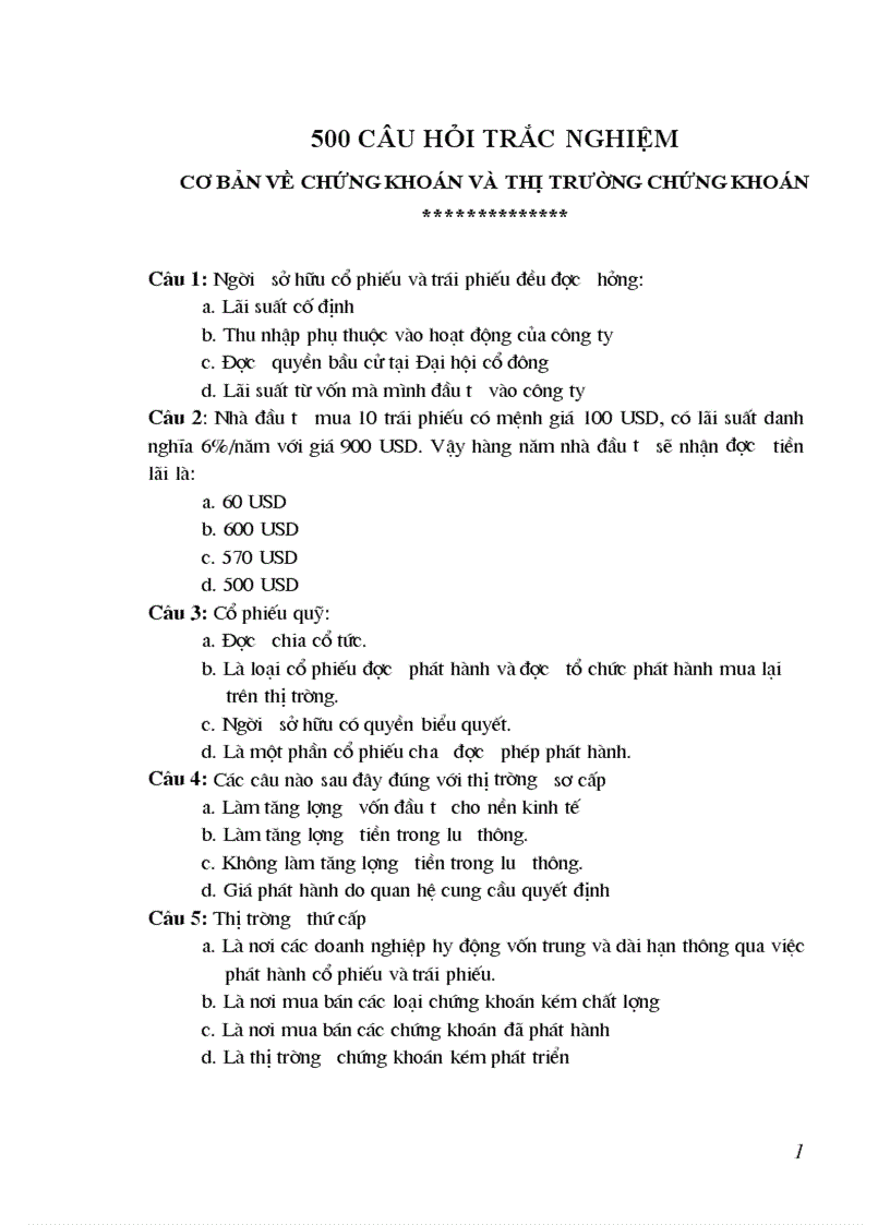500 câu hỏi trắc nghiệm cơ bản về chứng khoán và thị trường chứng khoán