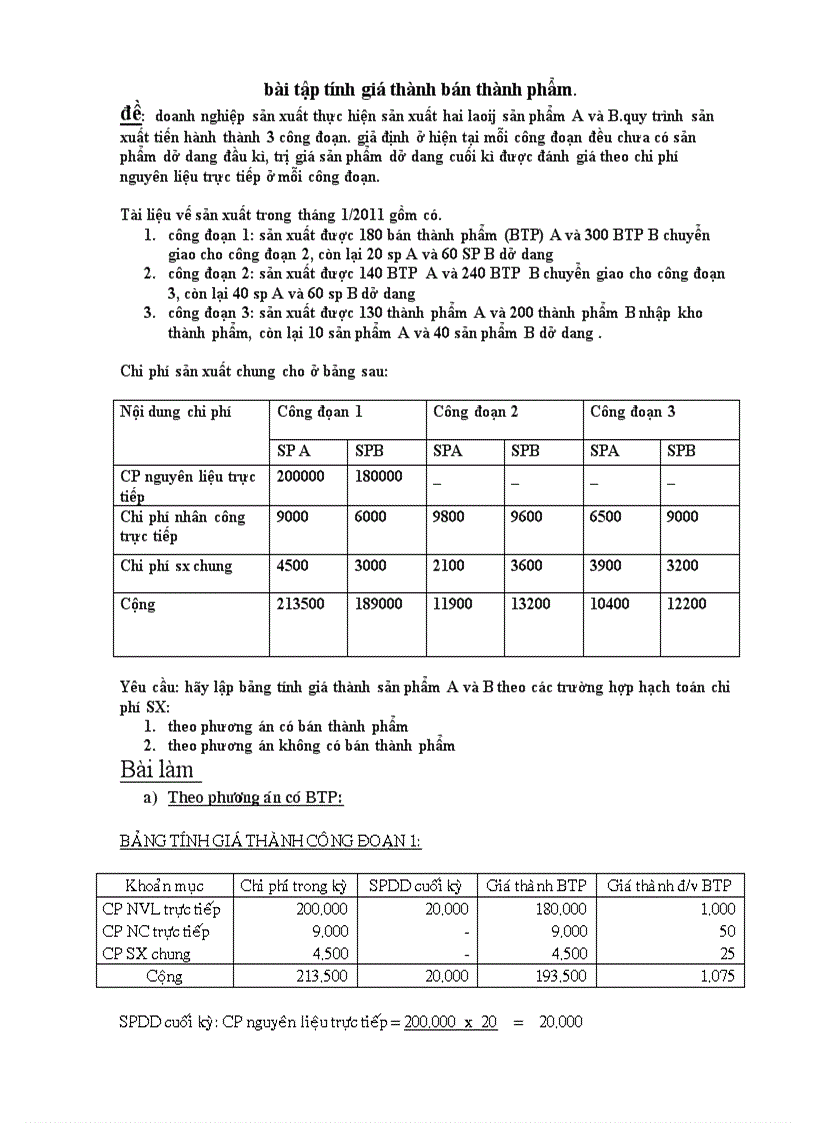 Bài tập kế toán tính giá thành sản phẩm