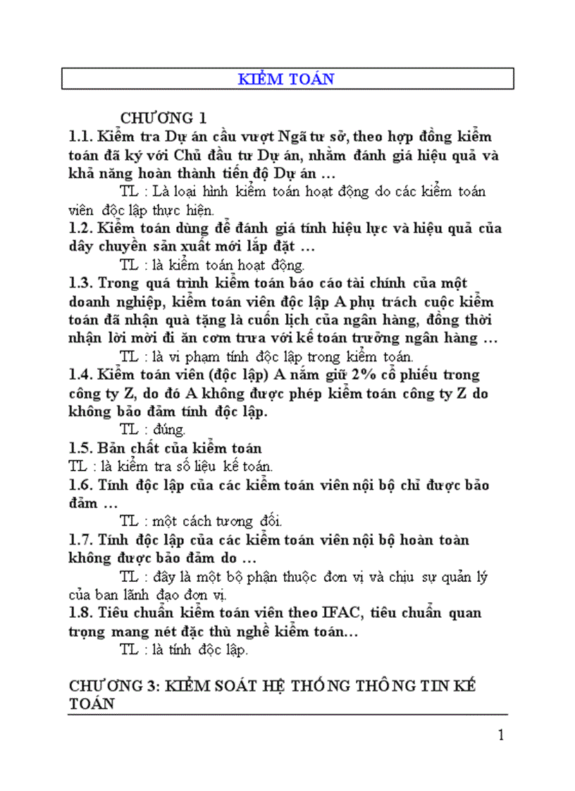 Trắc nghiệm kiểm toán có đáp án