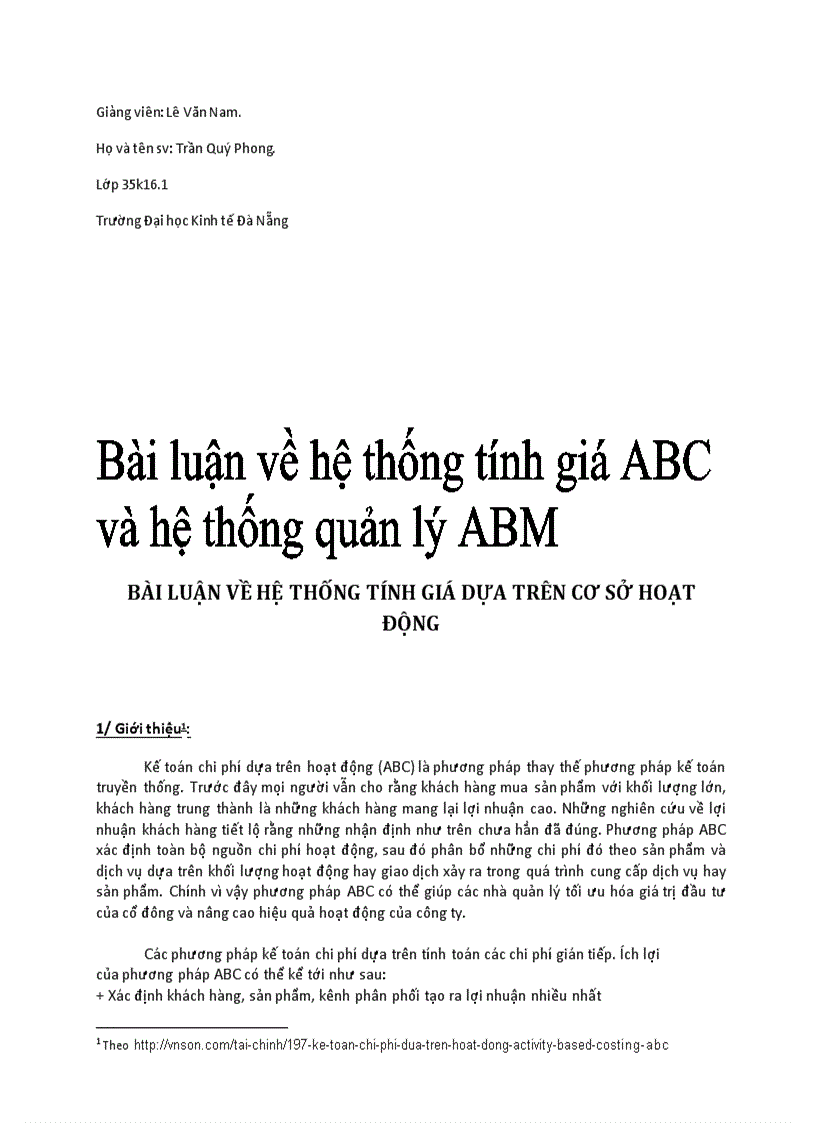 Hệ thống tính giá ABC Activity Based Costing