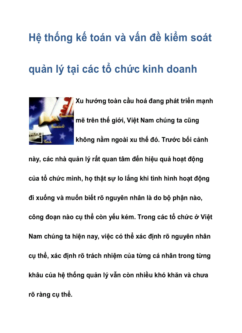 Hệ thống kế toán và vấn đề kiểm soát quản lý tại các tổ chức kinh doanh