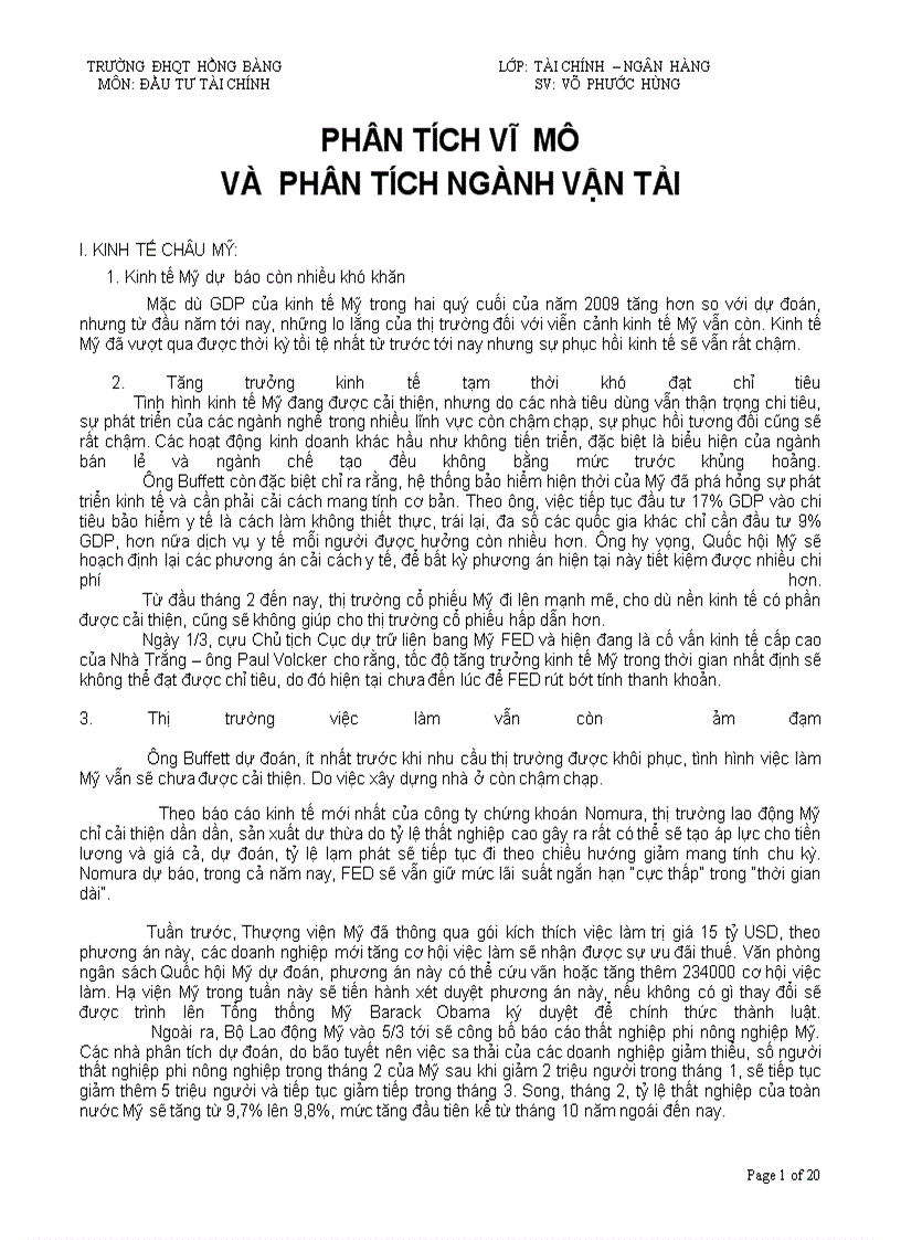 Phân tích vĩ mô và phân tích ngành vận tải