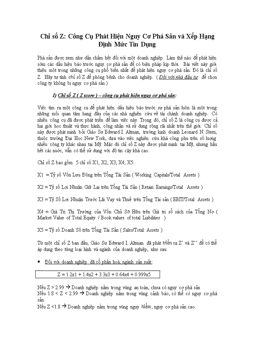 Chỉ số Z Công Cụ Phát Hiện Nguy Cơ Phá Sản và Xếp Hạng Định Mức Tín Dụng
