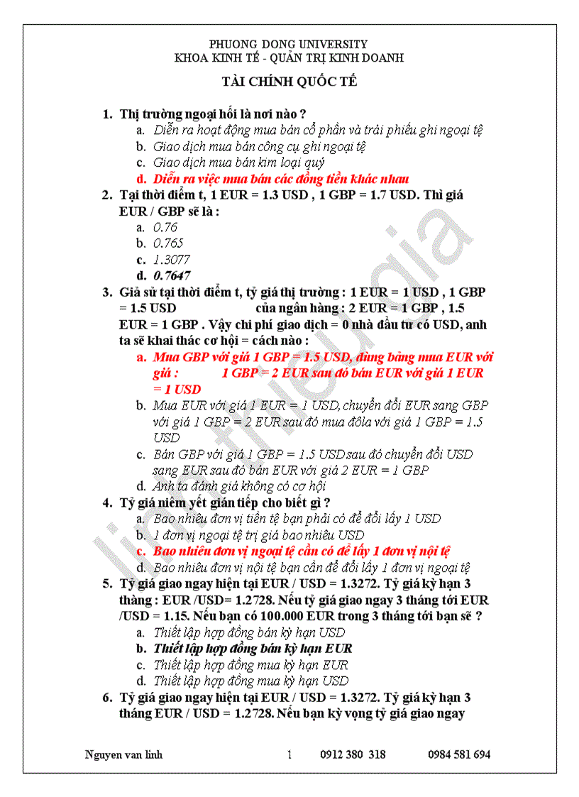 130 câu trắc nghiệm môn tài chính quốc tế đáp án