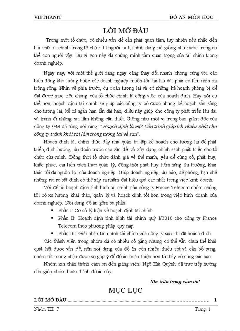 Hoạch định tài chính cho công ty France Telecom