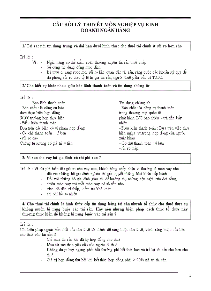 Câu hỏi lý thuyết môn nghiệp vụ kinh doanh ngân hàng