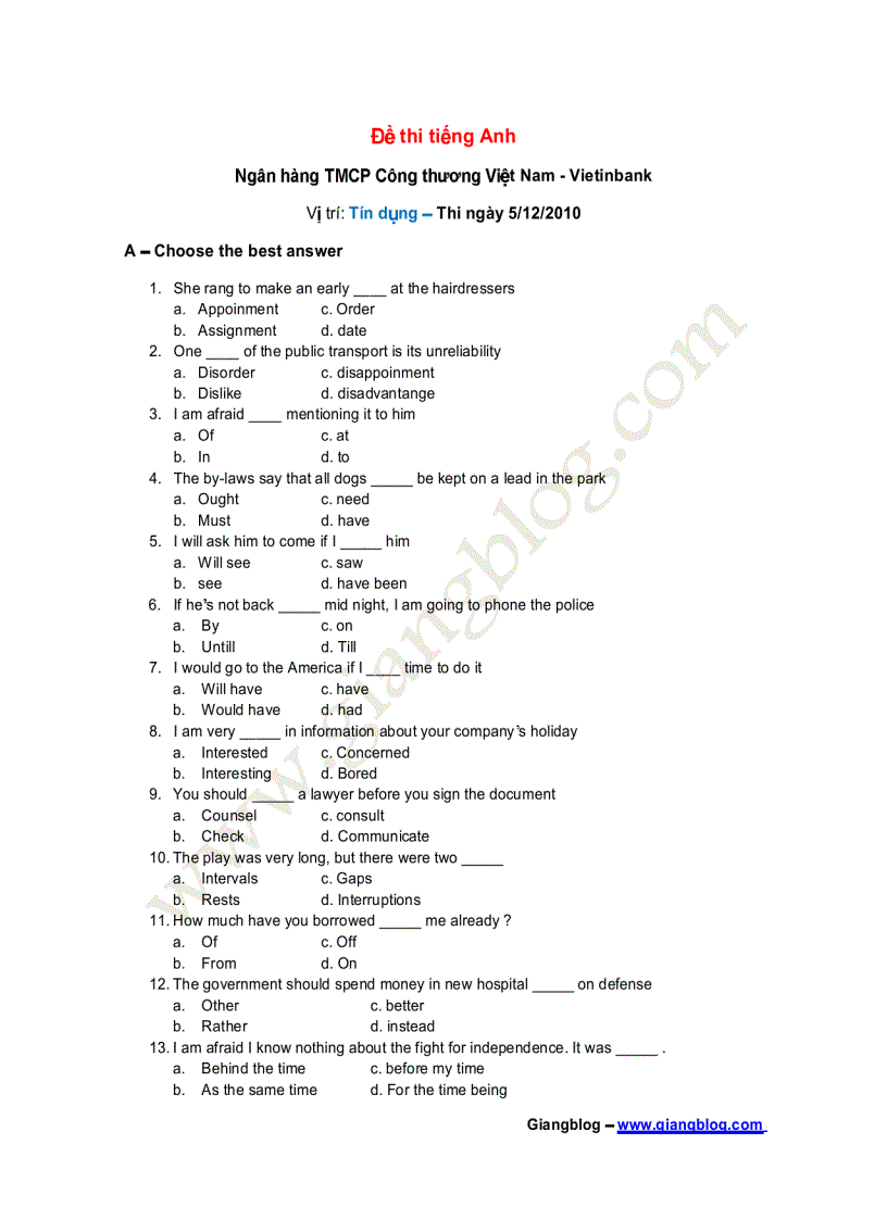 Đề thi Tiếng Anh vào Vietinbank 5 12 2010