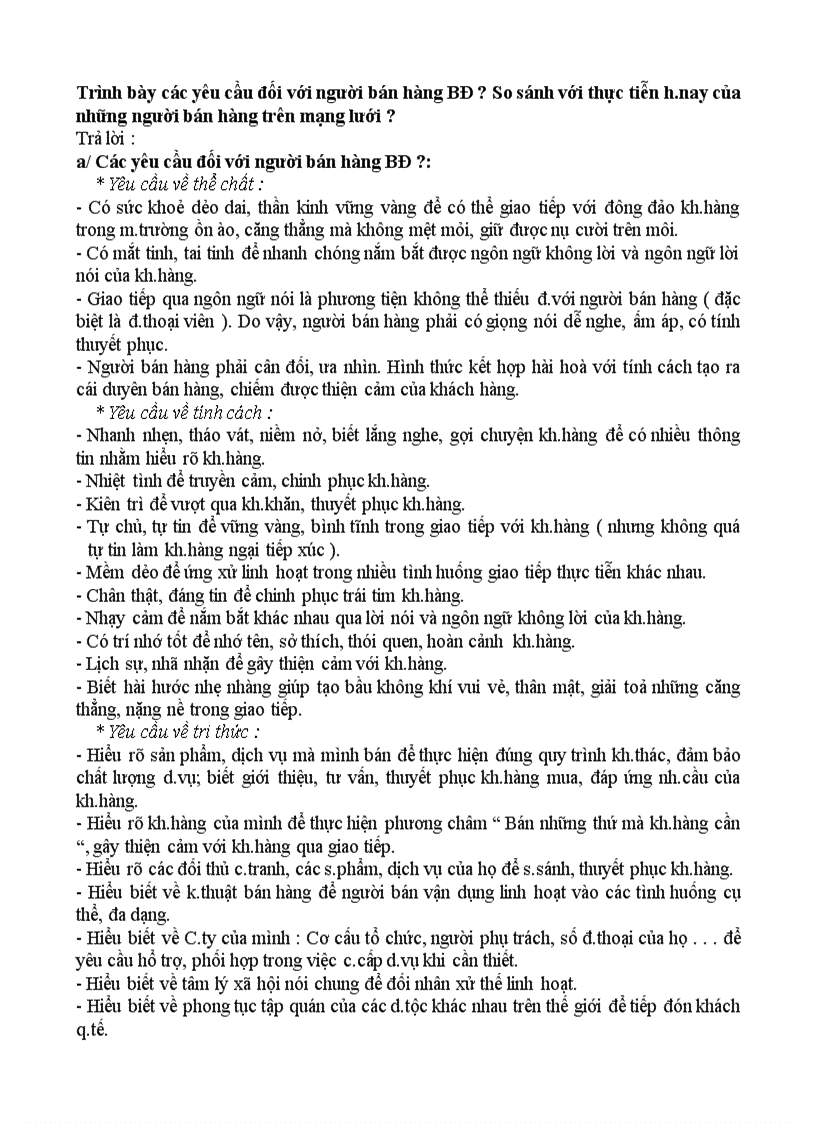 Trình bày các yêu cầu đối với người bán hàng BĐ So sánh với thực tiễn h nay của những người bán hàng trên mạng lưới