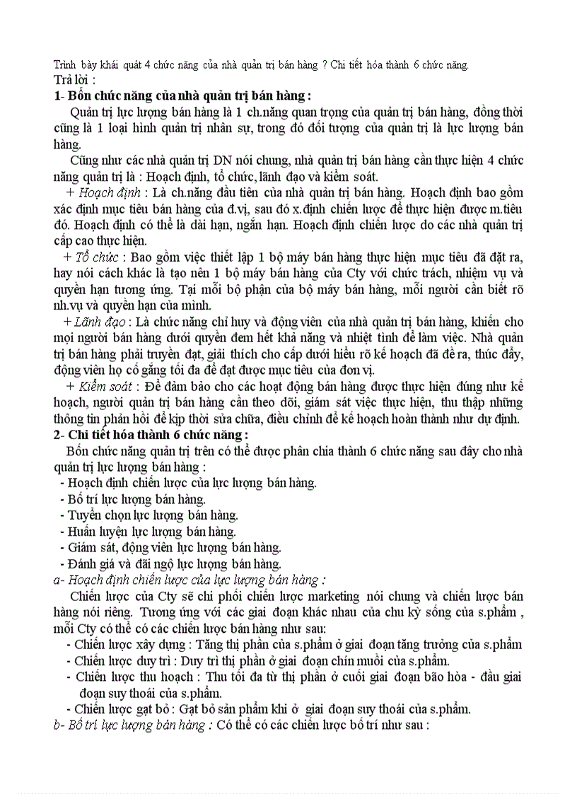 Trình bày khái quát 4 chức năng của nhà quản trị bán hàng Chi tiết hóa thành 6 chức năng