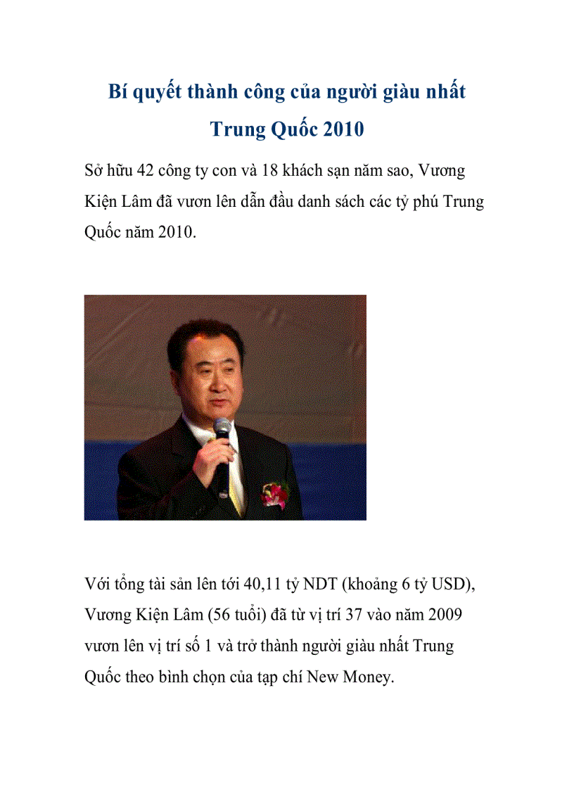 Bí quyết thành công của người giàu nhất Trung Quốc 2010