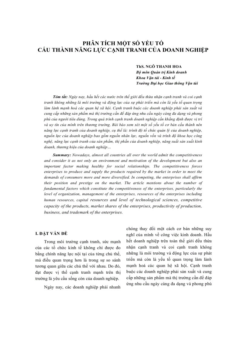 Phát tích 1 số yếu tố cấu thành năng lực ạnh tranh của doanh nghiệp