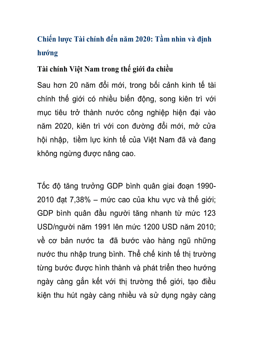 Chiến lược Tài chính đến năm 2020 Tầm nhìn và định hướng