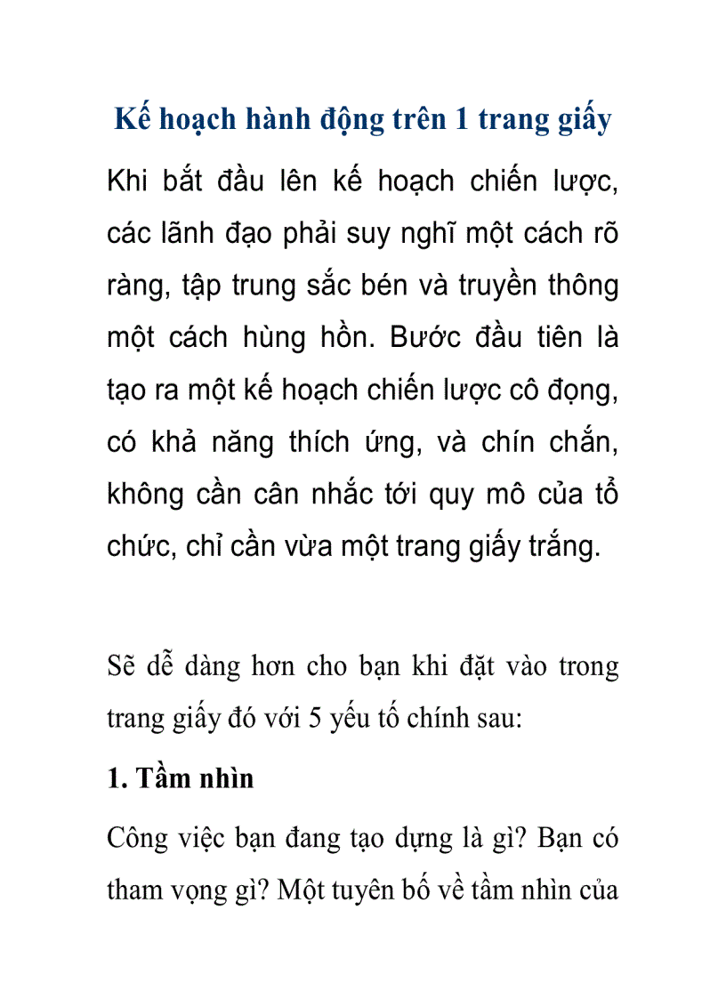 Kế hoạch hành động trên 1 trang giấy