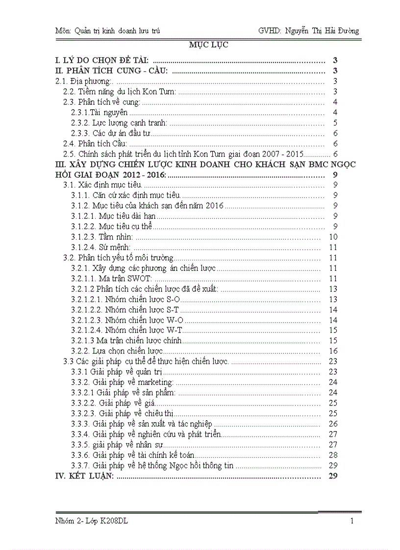 Quản trị kinh doanh lưu trú ĐỀ TÀI XÂY DỰNG CHIẾN LƯỢC KINH DOANH CHO KHÁCH SẠN BMC NGỌC HỒI
