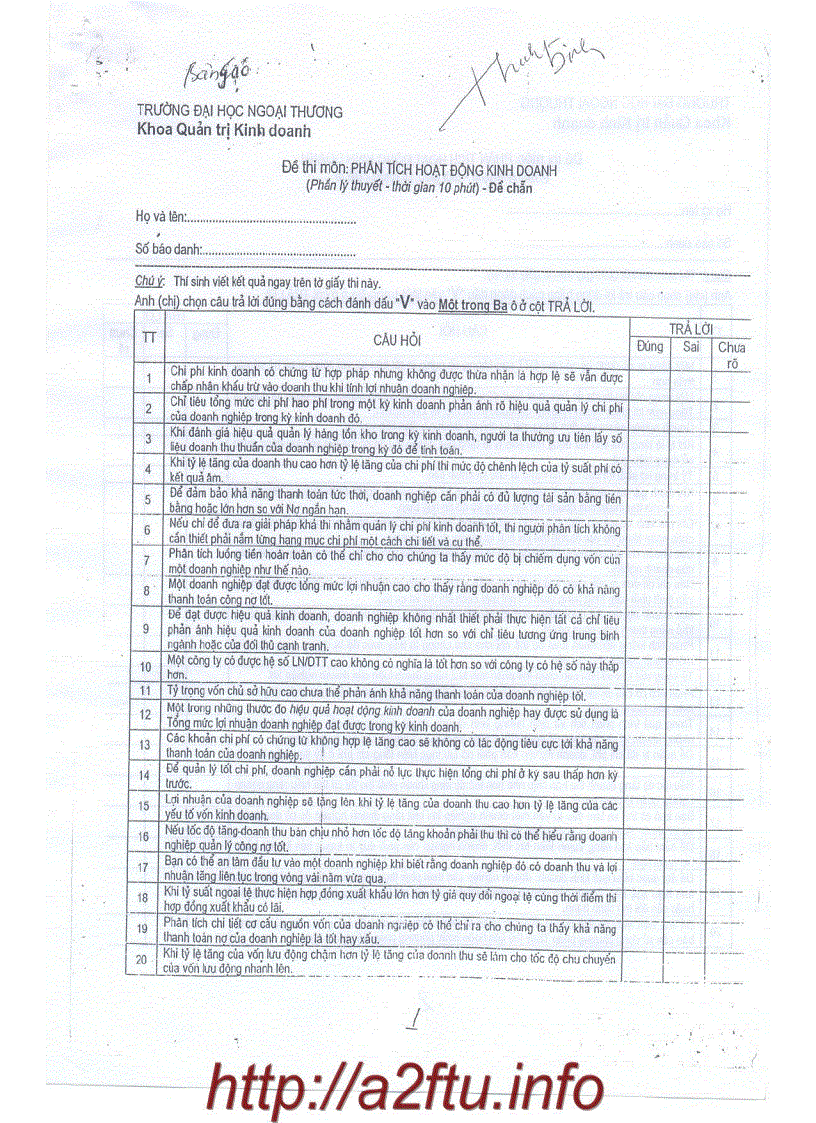 Đề Thi Trắc Nghiệm Môn Phân Tích Hoạt Động Kinh Doanh