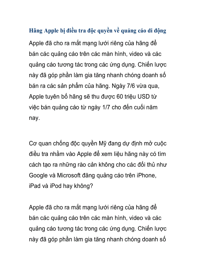 Hãng Apple bị điều tra độc quyền về quảng cáo di động