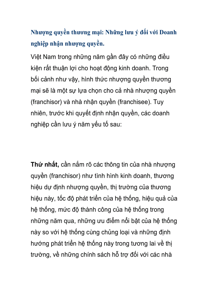 Nhượng quyền thương mại Những lưu ý đối với Doanh nghiệp nhận nhượng quyền