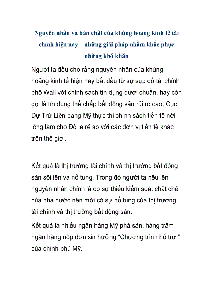 Nguyên nhân và bản chất của khủng hoảng kinh tế tài chính hiện nay những giải pháp nhằm khắc phục những khó khăn