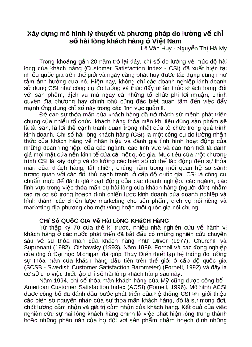 Xây dựng mô hình lý thuyết và phương pháp đo lường về chỉ số hài lòng khách hàng ở Việt Nam