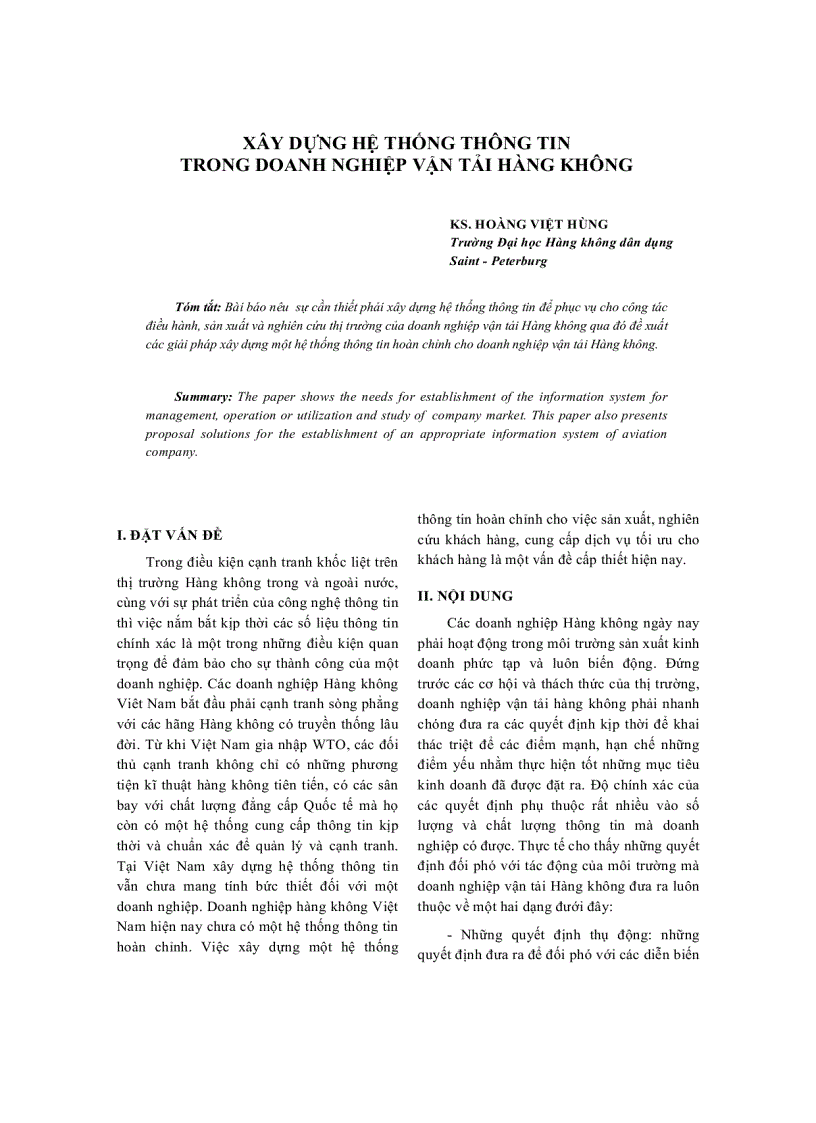Xây dựng hệ thống thông tin trong doanh nghiệp vận tải hàng không