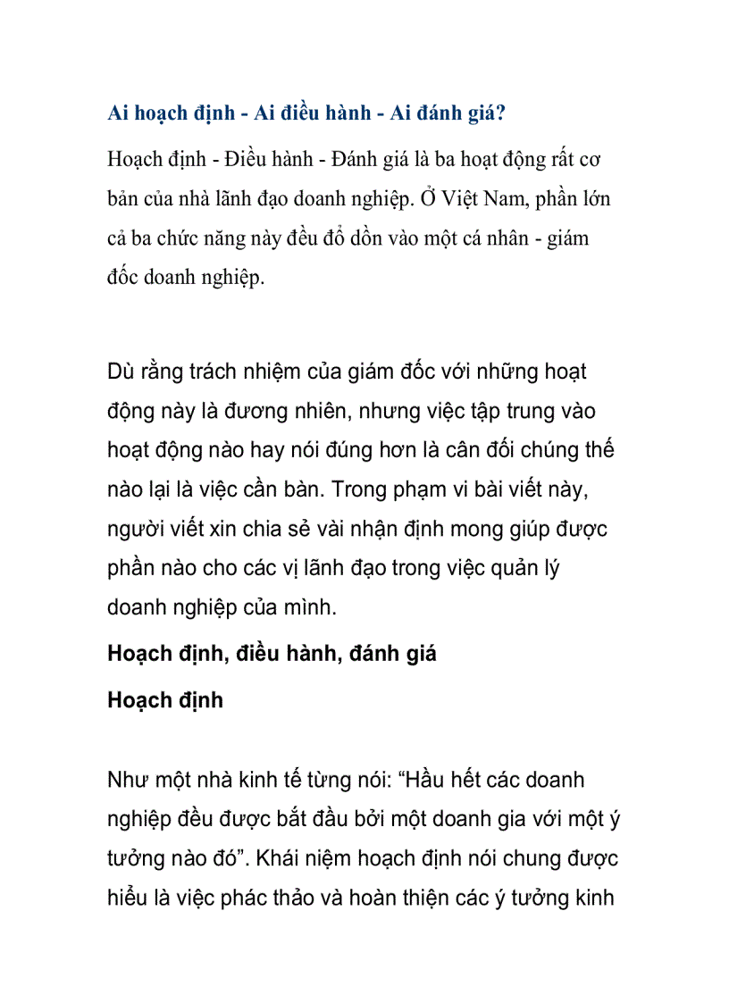 Ai hoạch định Ai điều hành Ai đánh giá