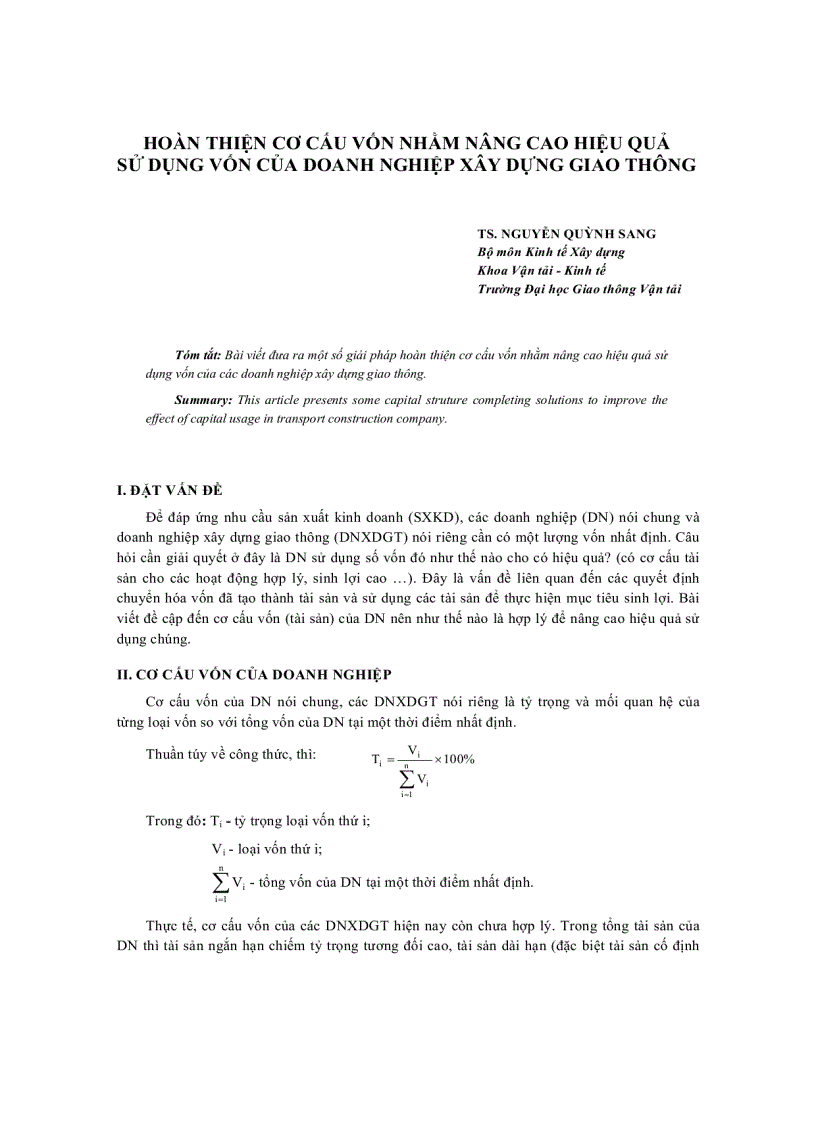 Hoàn thiện cơ cấu vốn nhằm nâng cao hiệu quả sử dụng vốn của doanh nghiệp xây dựng giao thông