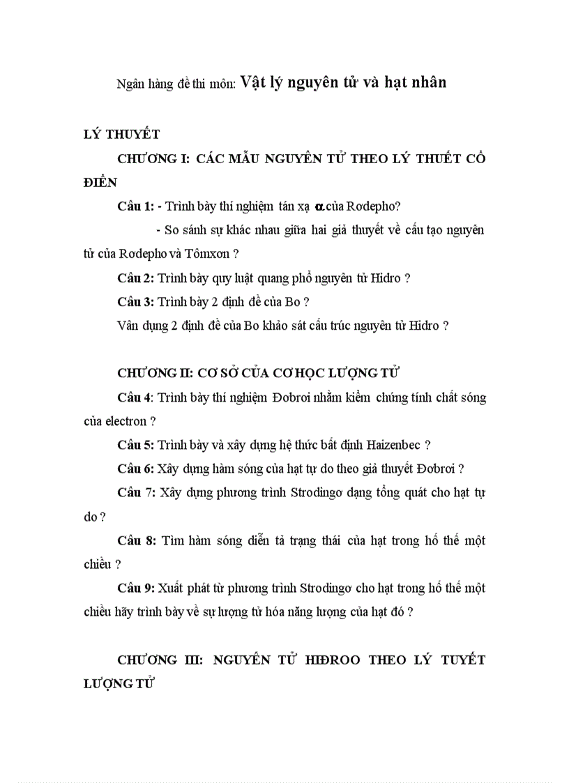 Ngân hàng đề thi môn Vật lý nguyên tử và hạt nhân