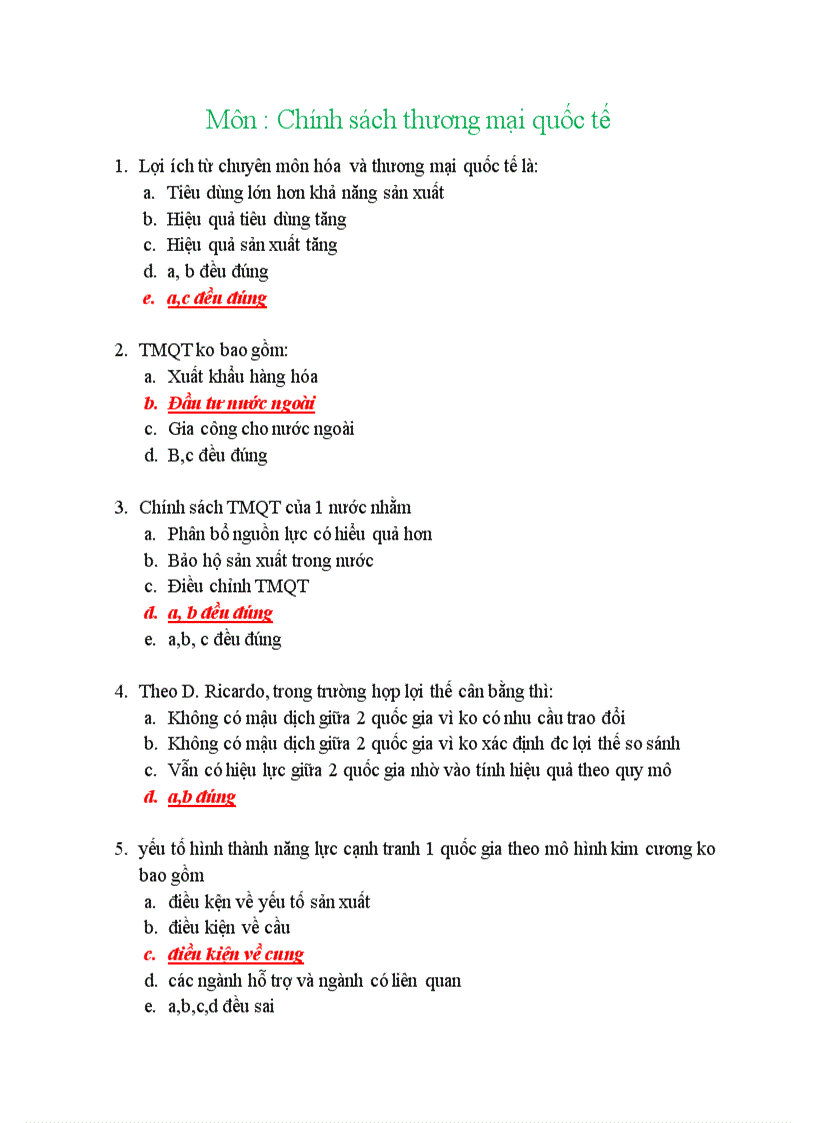 Trắc nghiệm môn Chính sách thương mại quốc tế có đáp án