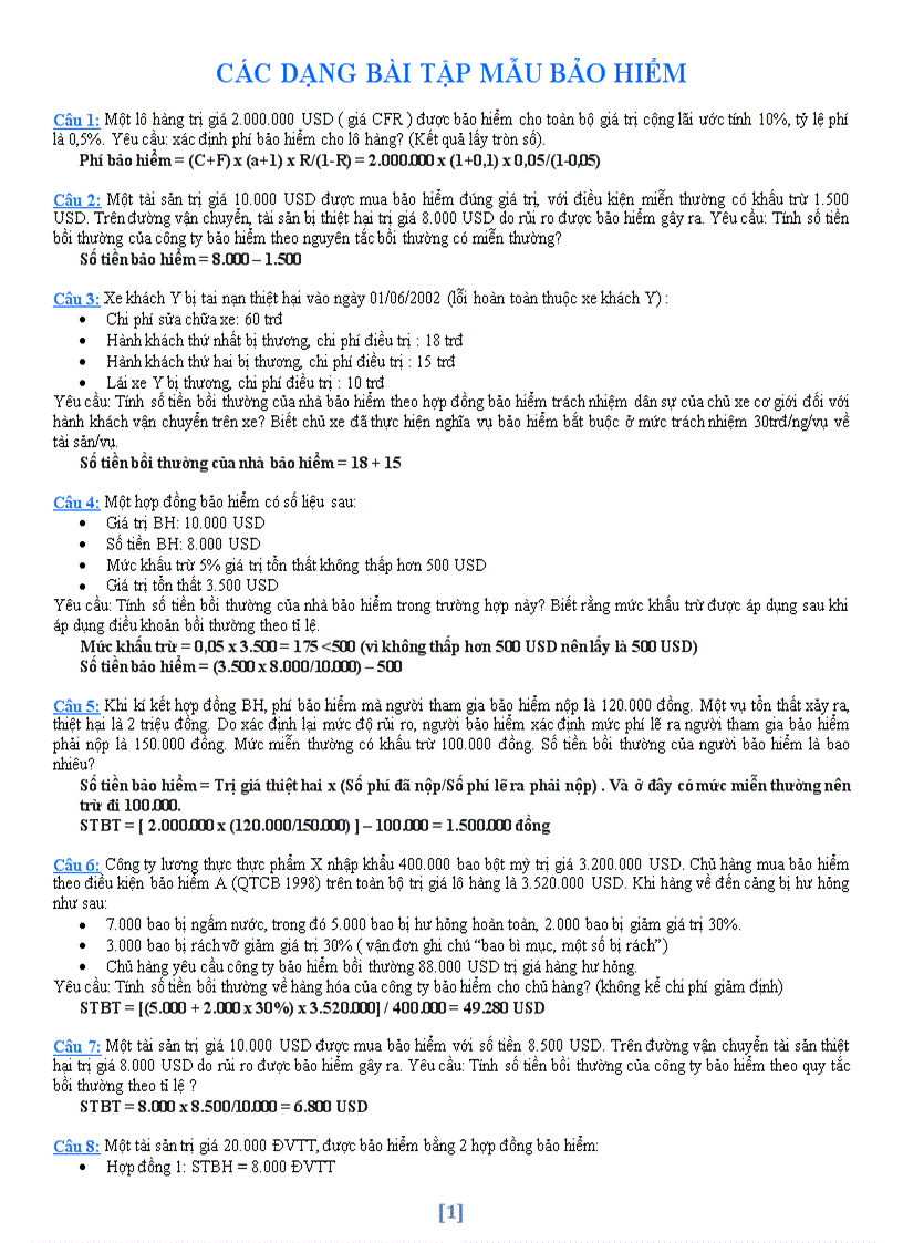 Các dạng bài tập mẫu bảo hiểm và đáp án