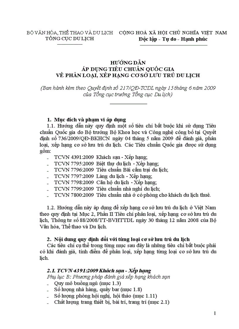 Hướng dẫn áp dụng tiêu chuẩn quốc gia về phân loại xếp hạng cơ sở lưu trú du lịch