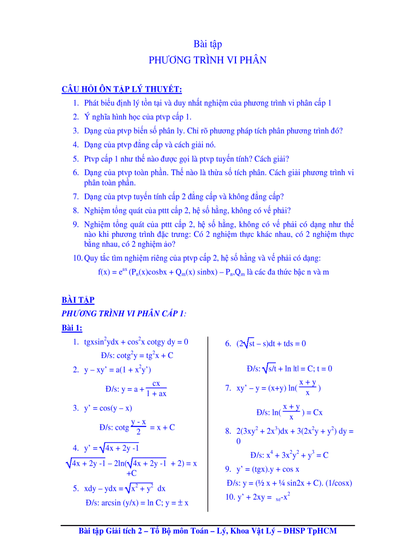 Bài tập Giải tích 2 Phương trình vi phân