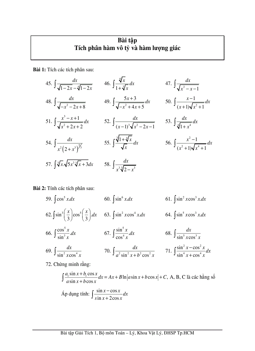 Bài tập Tích phân hàm vô tỷ và hàm lượng giác