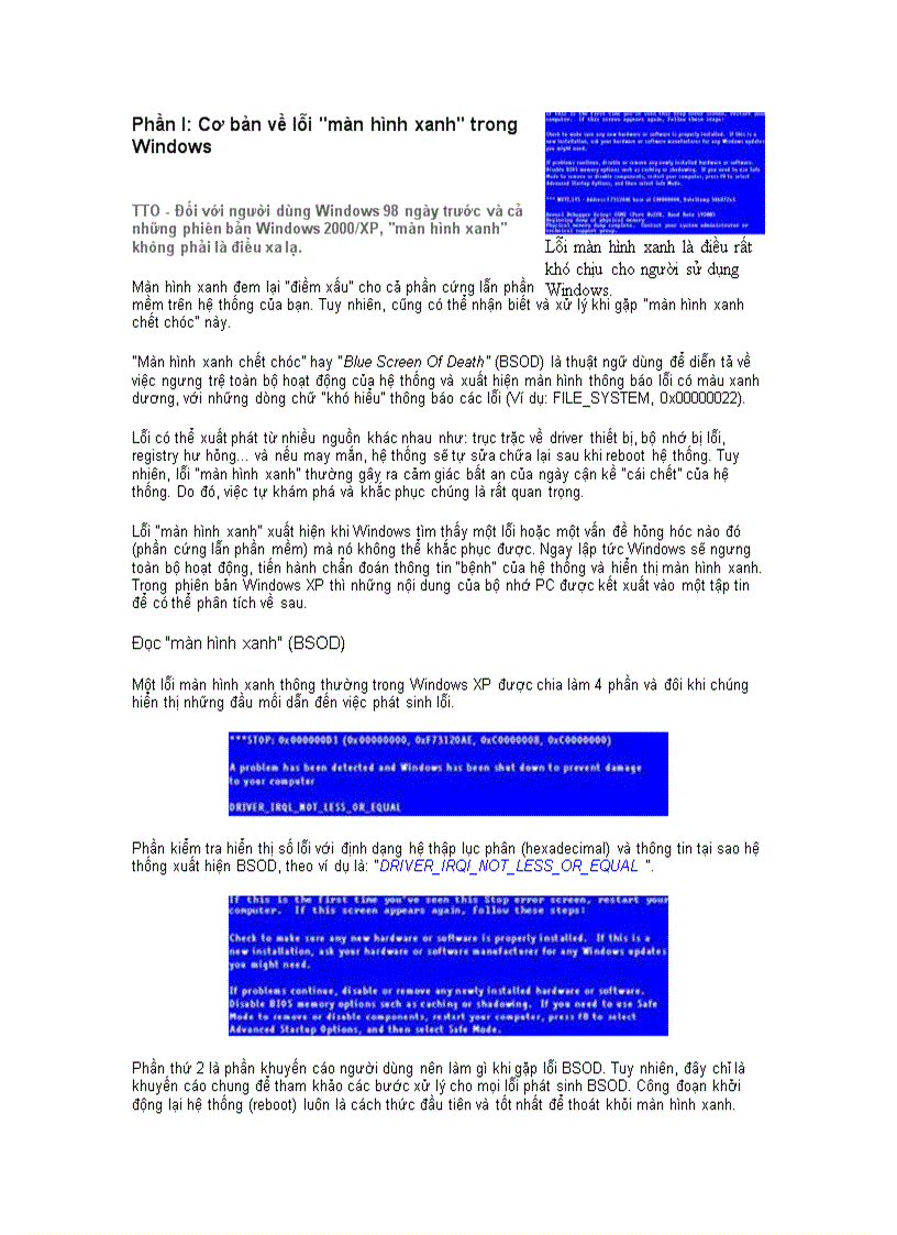 Phần I Cơ bản về lỗi màn hình xanh trong Windows