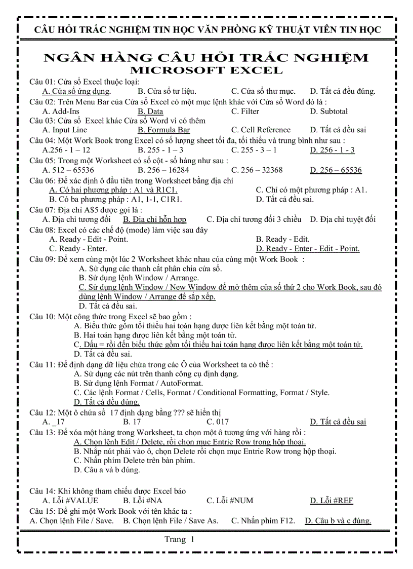Ngân hàng trắc nghiệm câu hỏi Microsoft exel