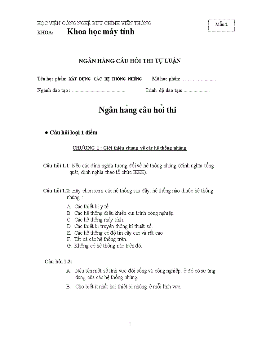 Ngân hàng đề thi môn xây dựng Hệ thống nhúng