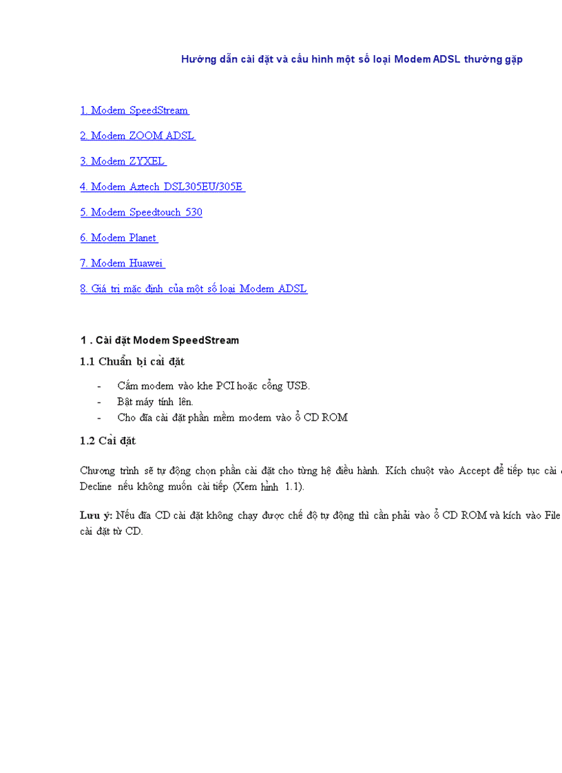 Hướng dẫn cài đặt và cấu hình một số loại Modem ADSL thường gặp