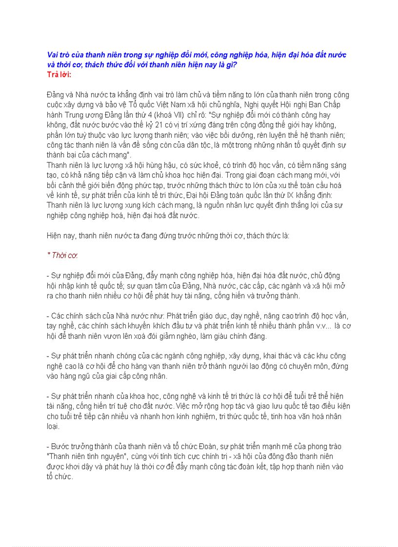 Vai trò của thanh niên trong sự nghiệp đổi mới công nghiệp hóa hiện đại hóa đất nước và thời cơ thách thức đối với thanh niên hiện nay là gì