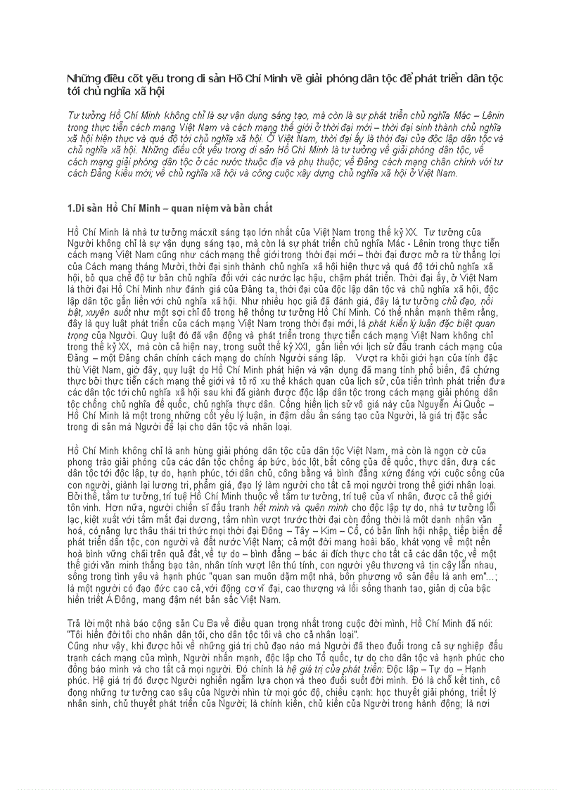 Những điều cốt yếu trong di sản Hồ Chí Minh về giải phóng dân tộc để phát triển dân tộc tới chủ nghĩa xã hội