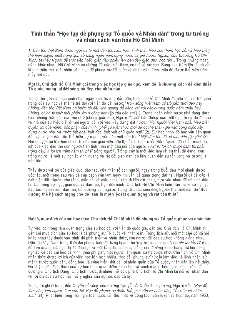 Tinh thần Học tập để phụng sự Tổ quốc và Nhân dân trong tư tưởng và nhân cách văn hóa Hồ Chí Minh