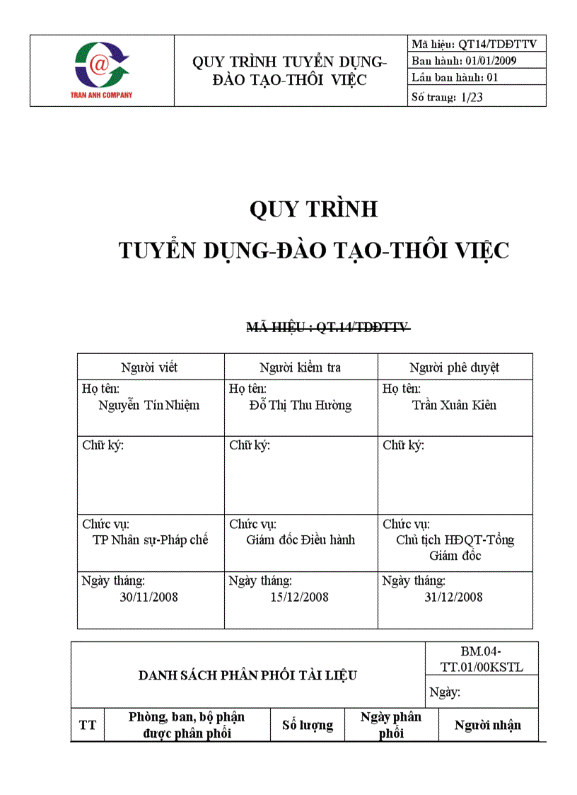 Quy trình tuyển dụng đào tạo thôi việc tại công ty máy tính trần anh