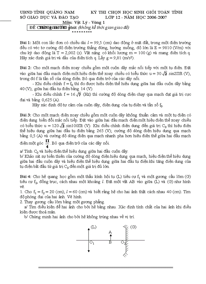 Đề thi hoc sinh giỏi Vật lí tỉnh Quảng nam