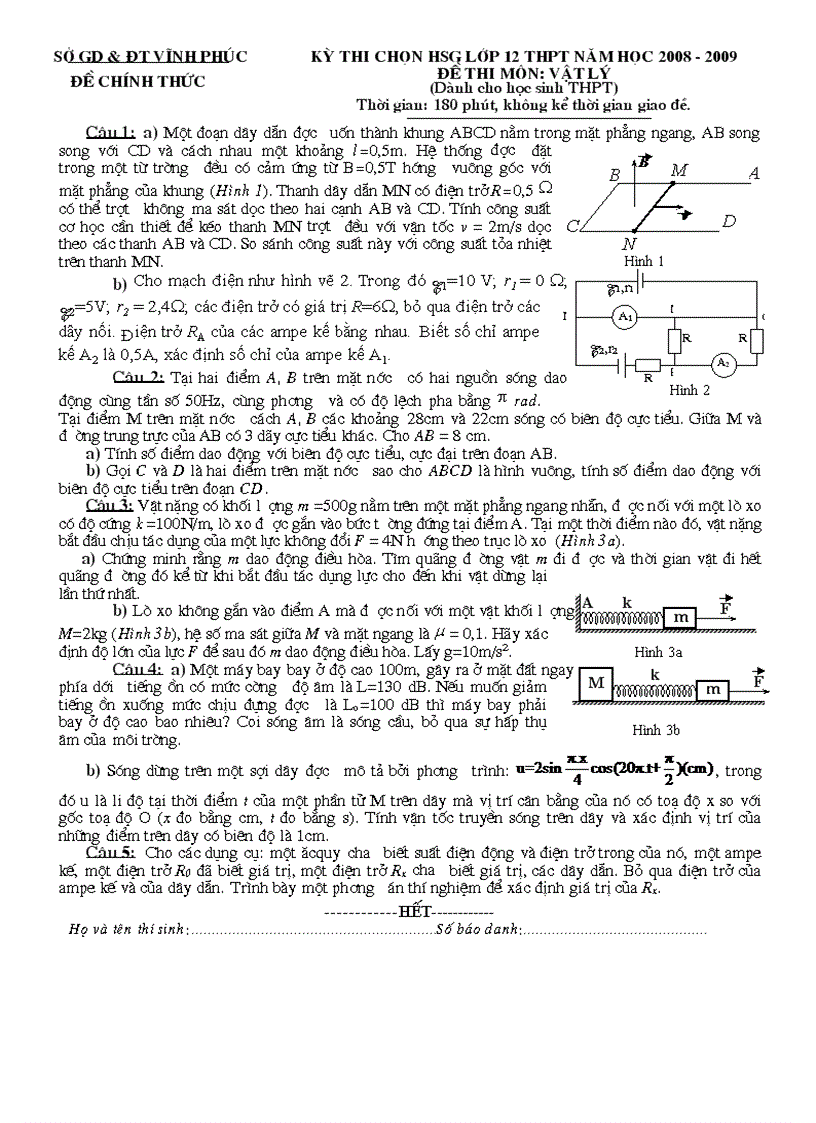 Đề thi hoc sinh giỏi vật lí tỉnh vĩnh phúc 2008 2009