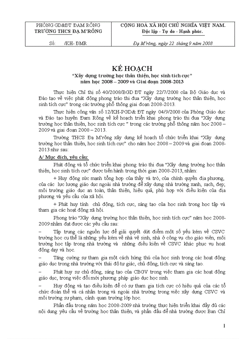 Xây dựng trường học thân thiện học sinh tích cực năm học 2008 2009 và Giai đoạn 2008 2013
