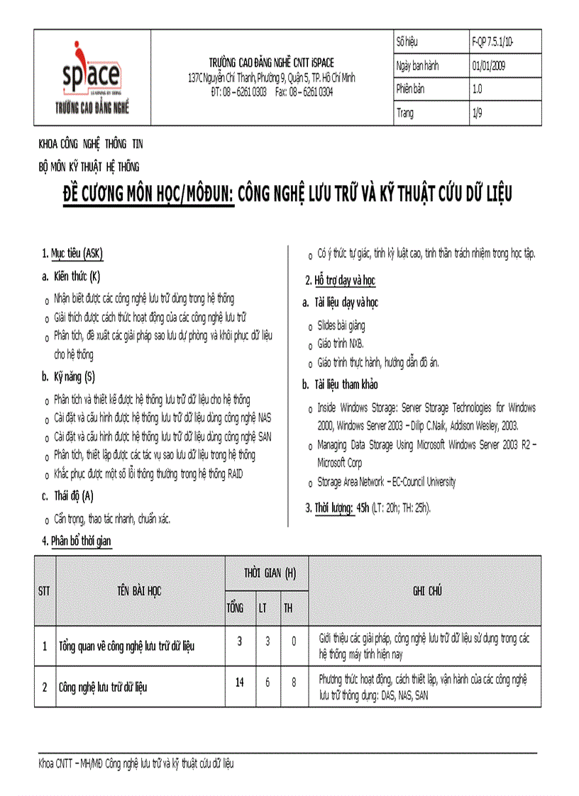 Đại học FIT đề cương môn học môđun Công nghệ lưu trữ và kỹ thuật cứu dữ liệu