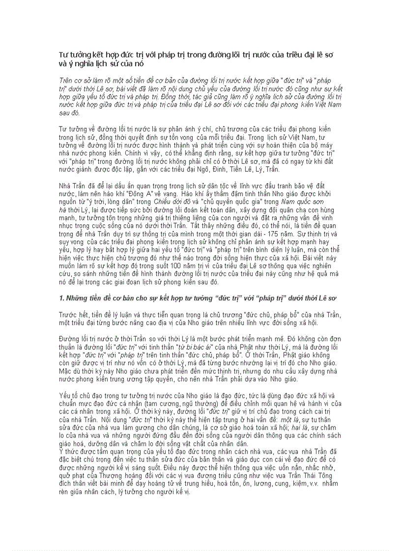 Tư tưởng kết hợp đức trị với pháp trị trong đường lối trị nước của triều đại lê sơ và ý nghĩa lịch sử của nó