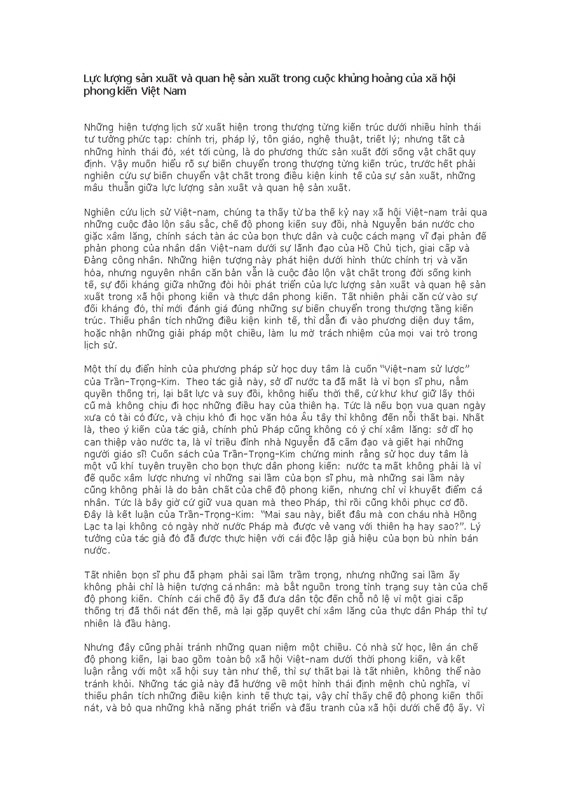 Lực lượng sản xuất và quan hệ sản xuất trong cuộc khủng hoảng của xã hội phong kiến Việt Nam
