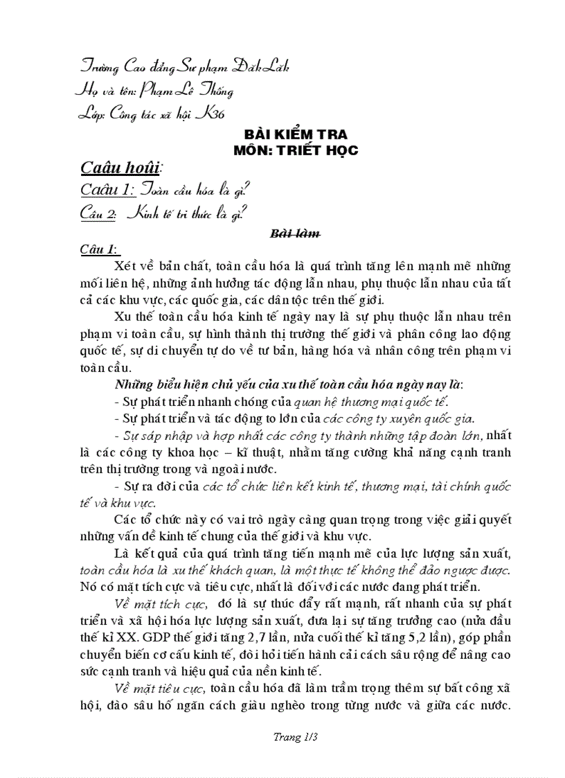 BÀI KIỂM TRA MÔN TRIẾT HỌC Toàn cầu hóa là gì Kinh tế tri thức là gì