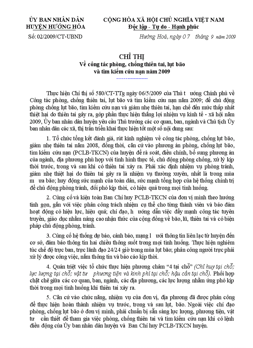 Chỉ thị Về công tác phòng chống thiên tai lụt bão và tìm kiếm cứu nạn năm 2009
