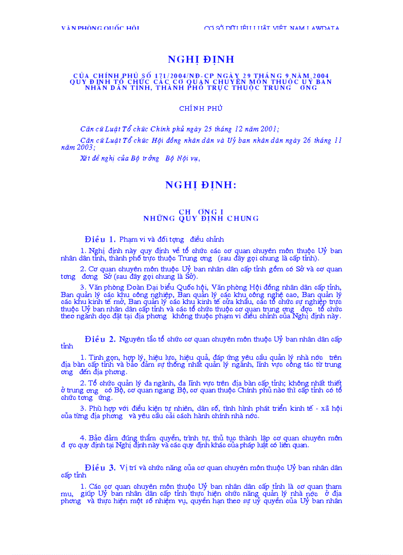 Nghị định của chính phủ Số 171 2004 NĐ CP ngày 29 tháng 9 năm 2004 Quy định tổ chức các cơ quan chuyên môn thuộc Uỷ ban nhân dân tỉnh thành phố trực thuộc Trung ương